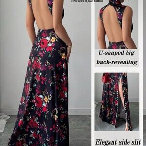 SHEIN Black Maxi Dress with Red Floral Print and Gold Accents